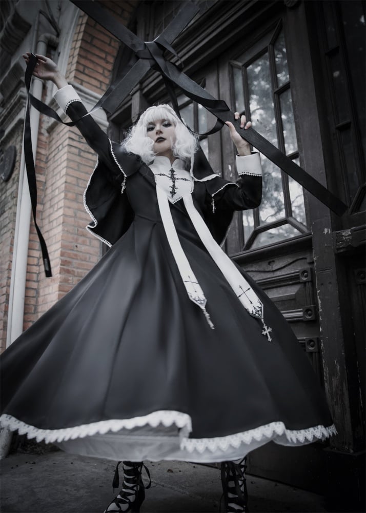 Black and White Cross Embroidery Gothic Nun Lolita Dress