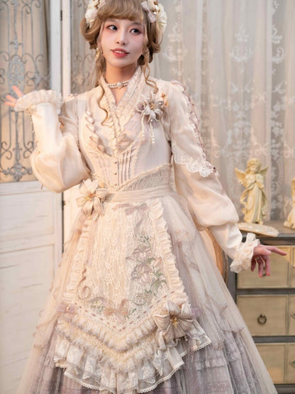 ブルー/パープル/グレーのビーズディテールのユリのブローチ