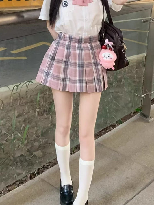 柄 制服 JK スカート 42CM チェック柄 プリーツ ピンク