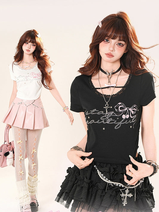 Bowknot Rhinestones Embellished Letter Lace Trim T-Shirt White/Black Print