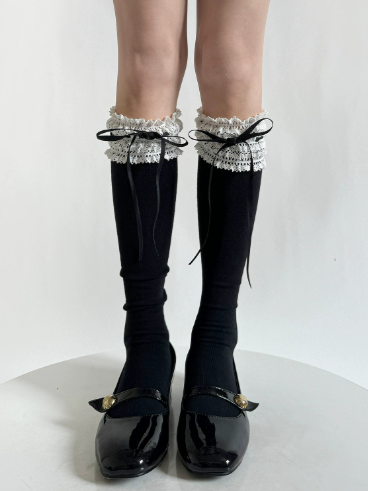Lace-Trimmed 6 Options Sweet Color Bow Ribbon Stockings