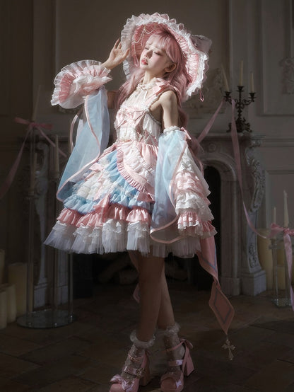 Robe Lolita taille haute rose et bleue, ensemble complet avec jupe et pull