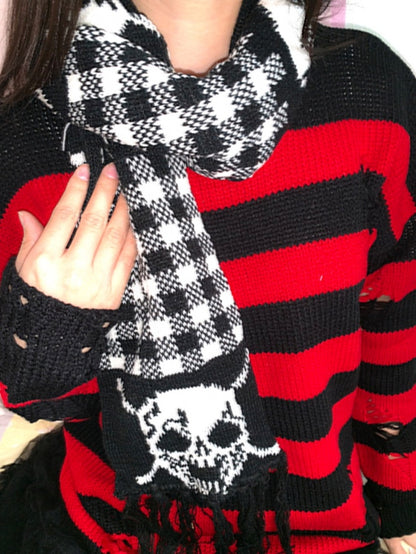 Skeleton and Plaid Pattern Tassel Scarf