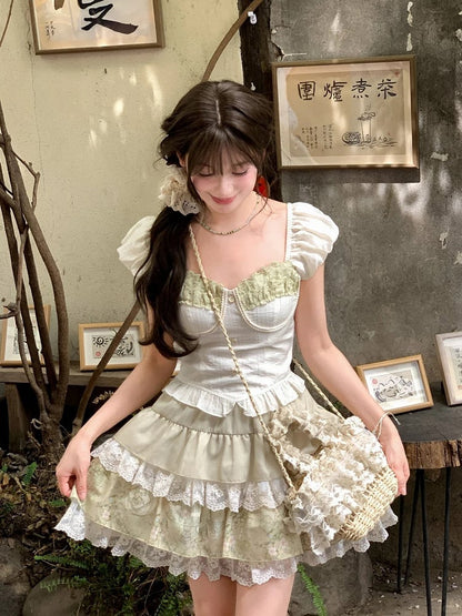 Apricot Sweetheart Neckline Puff Sleeves Sweet Top