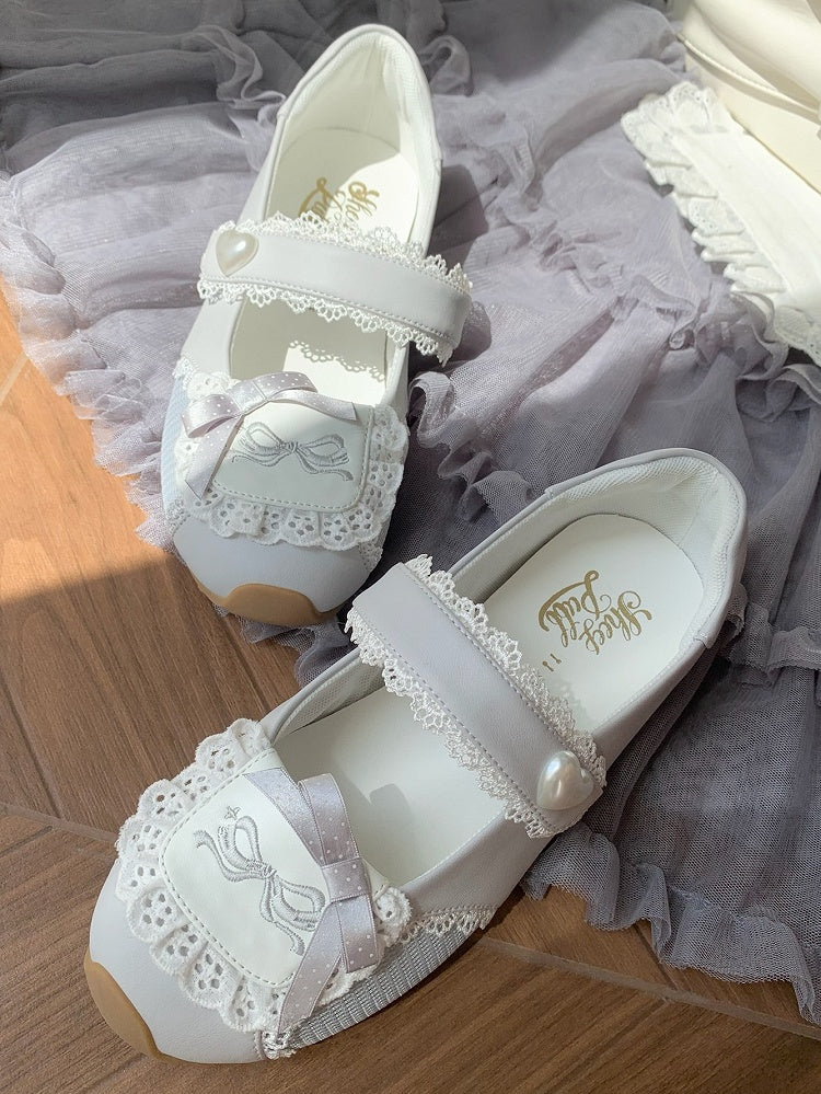 Sneakers Flat with Sweet Bow Lace Edging Gray Decorative Lolita - Velcro Fastening Style