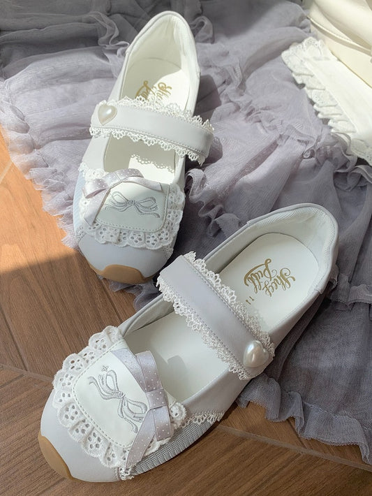Sneakers Flat with Sweet Bow Lace Edging Gray Decorative Lolita - Velcro Fastening Style
