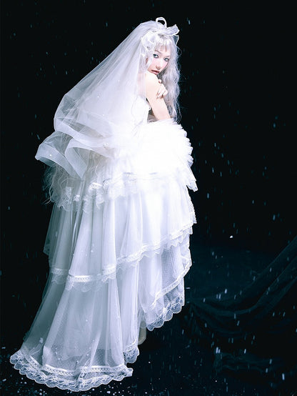 White Lace-up Details Boned Corset Top + High-low Layered Lolita Skirt