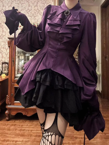 Purple Gothic Ouji Lolita Irregular Cascading Hemline Pointed Collar Long Sleeves Shirt