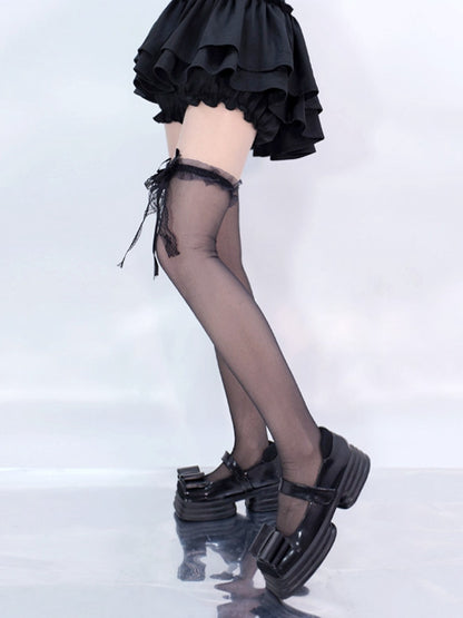 Black / White Lace Bowknot on Cuffs Over Knee Stockings