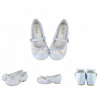 Absätze 2,2 cm/4,3 cm Janes Mary Toe Trim Blau Runde Akzent geknotete Spitze Schleife