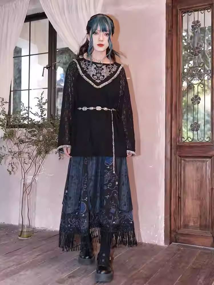 Style Skirt Overalls Straps Print Detachable Blue Jellyfish Black Tassel Hem with Cheongsam