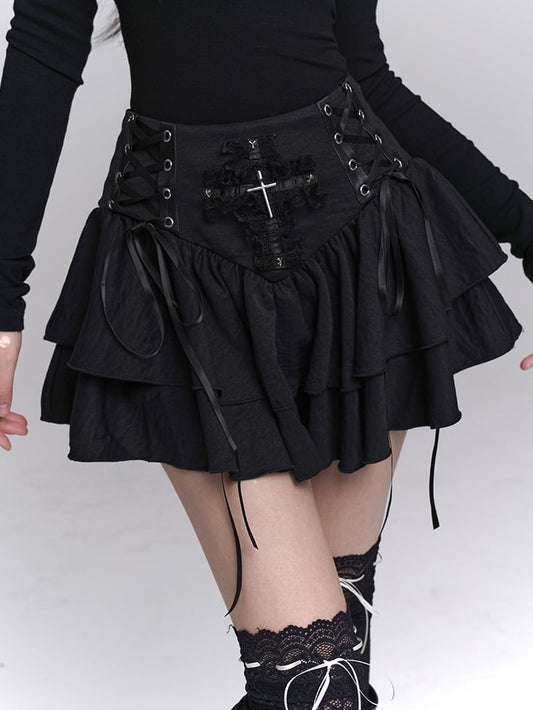 Lace Tiered Skirt Cross Black Lace-up Waist Studded