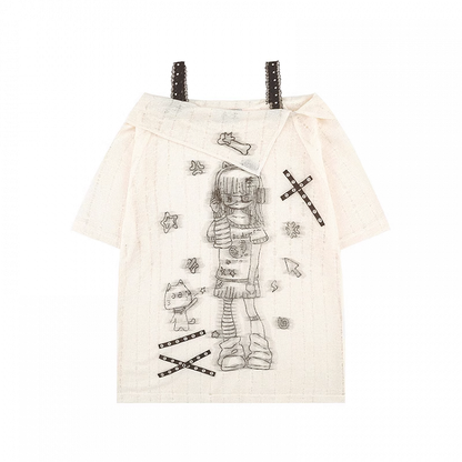 Apricot/Black Off-the-shoulder Criss-Cross Straps Cartoon Girl Print Coverup