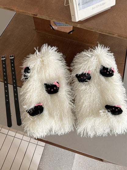 White/Pink/Coffee Stud Shaggy Leg Warmers With Kitty Plushie