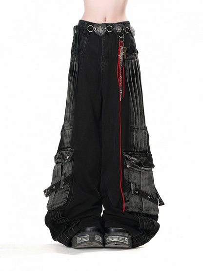 Pockets Black Wide-Leg Jeans Faded Wash Cargo Loose Acubi Fashion