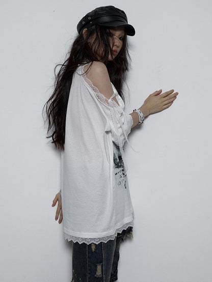 Lace-Trimmed Shoulder with Print Black Denim Lace-Up T-shirt Punk Detail White