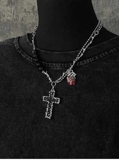 Silver Crossand Heart Pendant Thorn Necklace