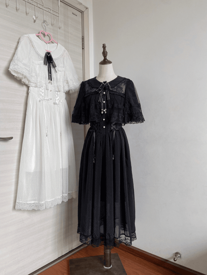 Black with Lace Lace-Up Jirai Silhouette Adjustable and Waist Kei Dress Chiffon Cape