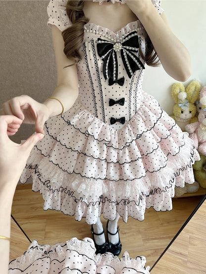 Ärmeln Stäbchen Abnehmbare Süße Taille Kleid mit Retro Polka Dots Lolita Rosa Puff