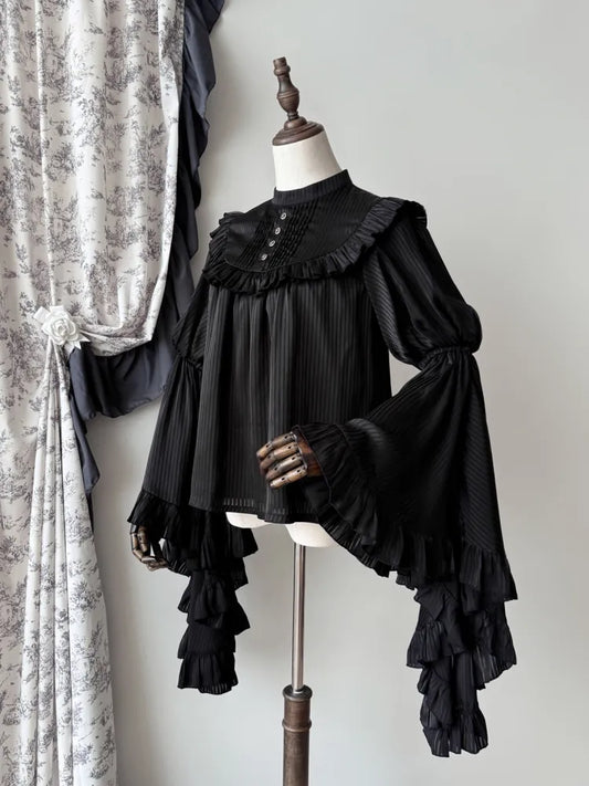 Sleeves Trim Black Bell Gothic Blouse Flounce