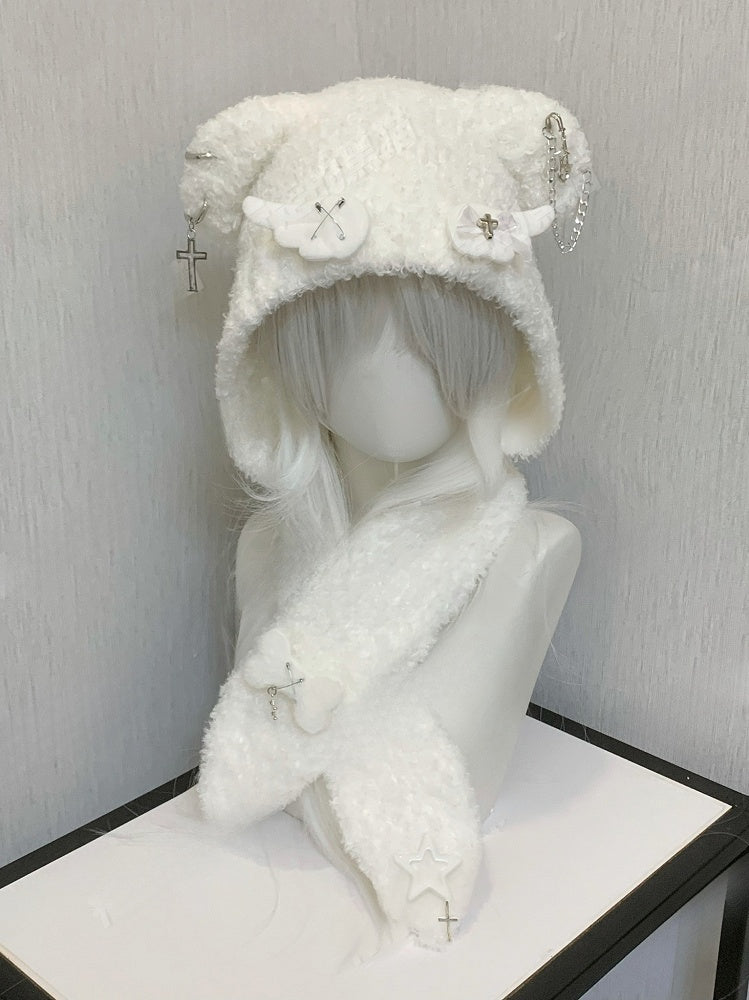 Bonnet en peluche avec oreilles d'ours croisées noires et blanches et écharpe en peluche avec os