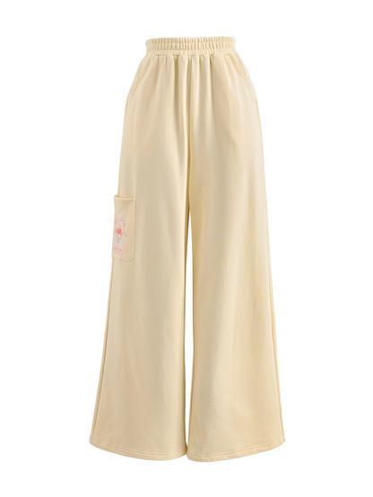 Weite Freizeithose mit normalem/kurzem Bein, bedruckt, cremefarben, elastischer Bund, Teddybär