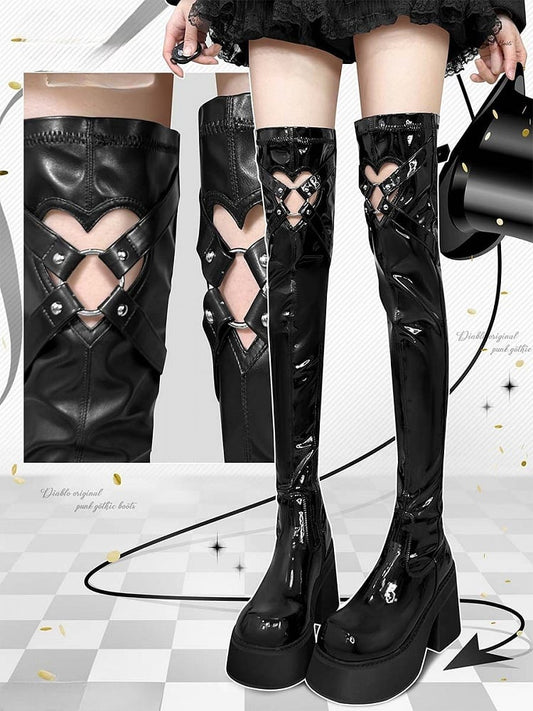 Polished Black Heart-shaped Cutout Detail Gothic Thigh-high Boots