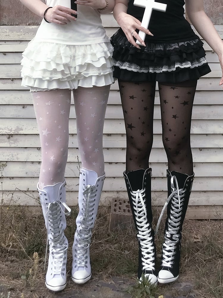 Gestufter Cross Skort Gothic Schwarz/Weiß Elastische Taille Spitzenbesatz Pumphose