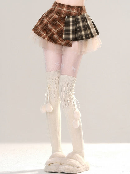 Brown Pleated Mini Plaid Patchwork Skirt Design Mesh
