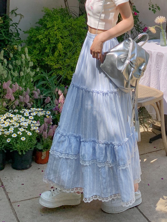 Blue  White Elastic Waist Lace Trim Plaid Skirt Cottagecore