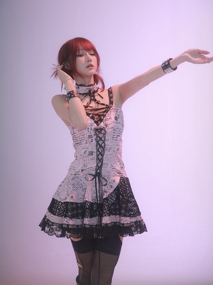 Robe punk rock rose sans manches à imprimé dentelle