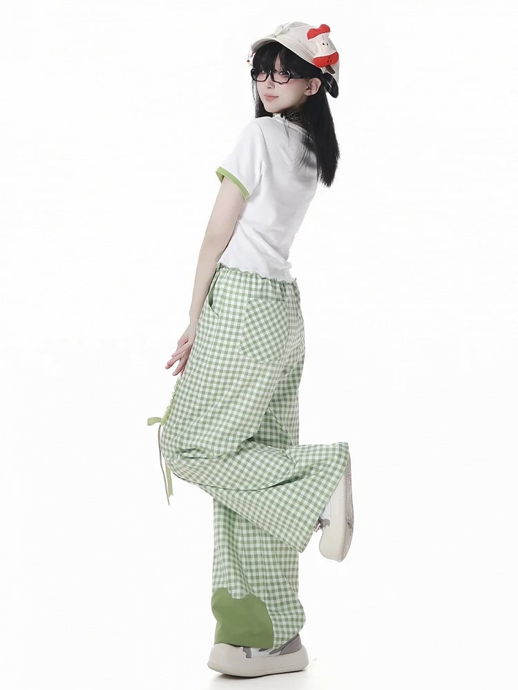 Green Plaid Pattern Apple Embroidery Drawstring Cuffs Belt Casual Pants with Self-tie