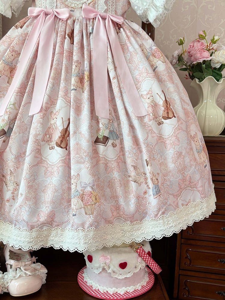 JSK Violin Dress Sweet and Lolita Waist High Bunny Print Pink