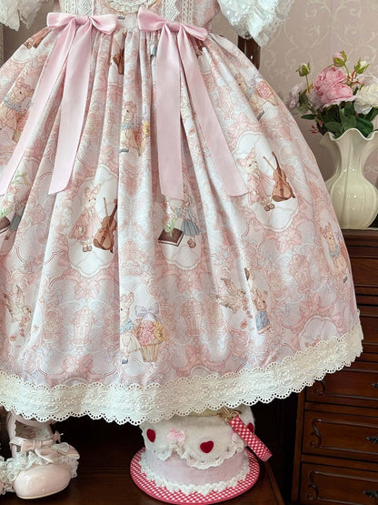JSK Violin Dress Sweet and Lolita Waist High Bunny Print Pink