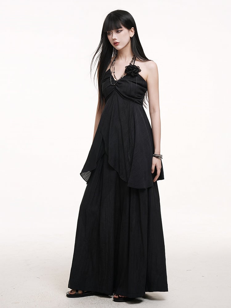Top Bust Detail Ruched with Slit Cami Center Gothic Black Halter