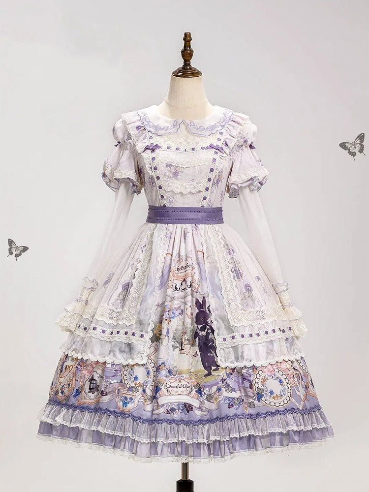 Rabbit Tea Party and Floral Light Purple Lolita Dress with Detachable Sleeves