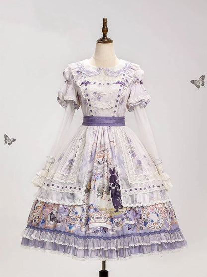 Floral Dress Sleeves Party and Bunny Purple Light Lolita Print with Detachable Tea