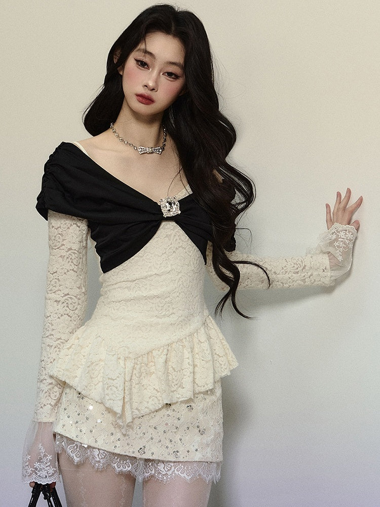 Apricot Big Bow Adorned Asymmetrical Hem V-neck Long Sleeves Lace Top