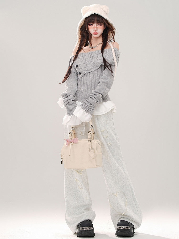 Grau/Marineblauer, schulterfreier Pullover mit schmaler Passform, Saum und Bündchen im Patchwork-Stil