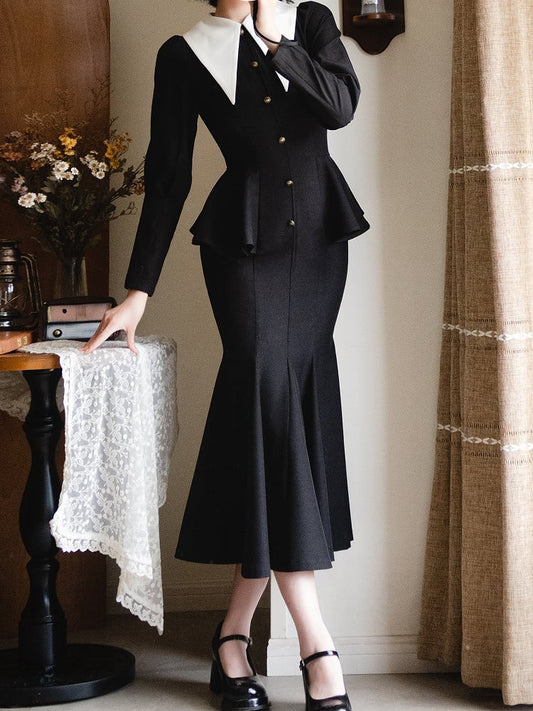 Black Retro Fashion Pointed Collar Elegant Dress