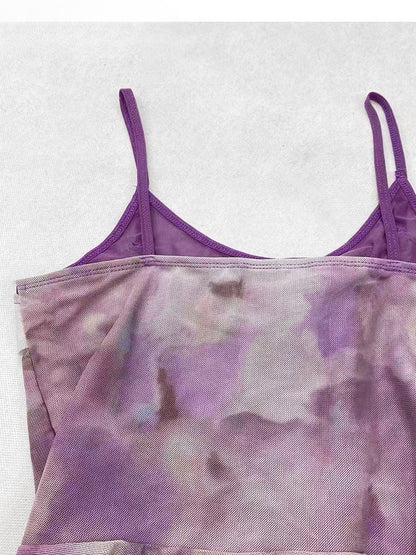 Purple Hem Asymmetrical Ruffles Top Design Dye + Tie Cami Scarf Y2K Trim