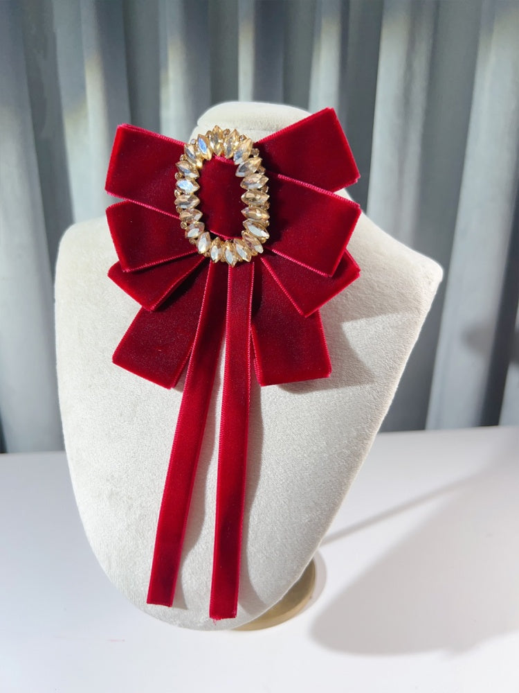 Rhinestoned Velvet Big Bow Brooch