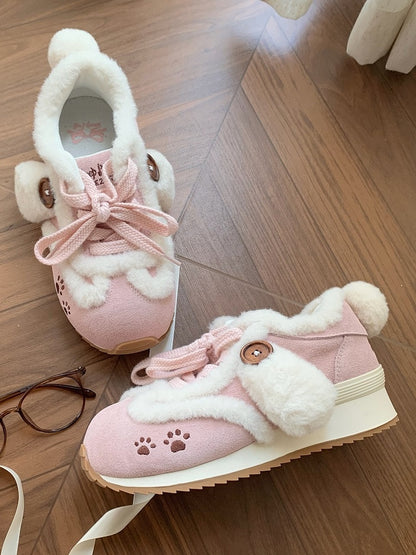Sweet with Accents Ears Tail Paw Embroidery Sneakers Print - Plush Pink Dog Lolita