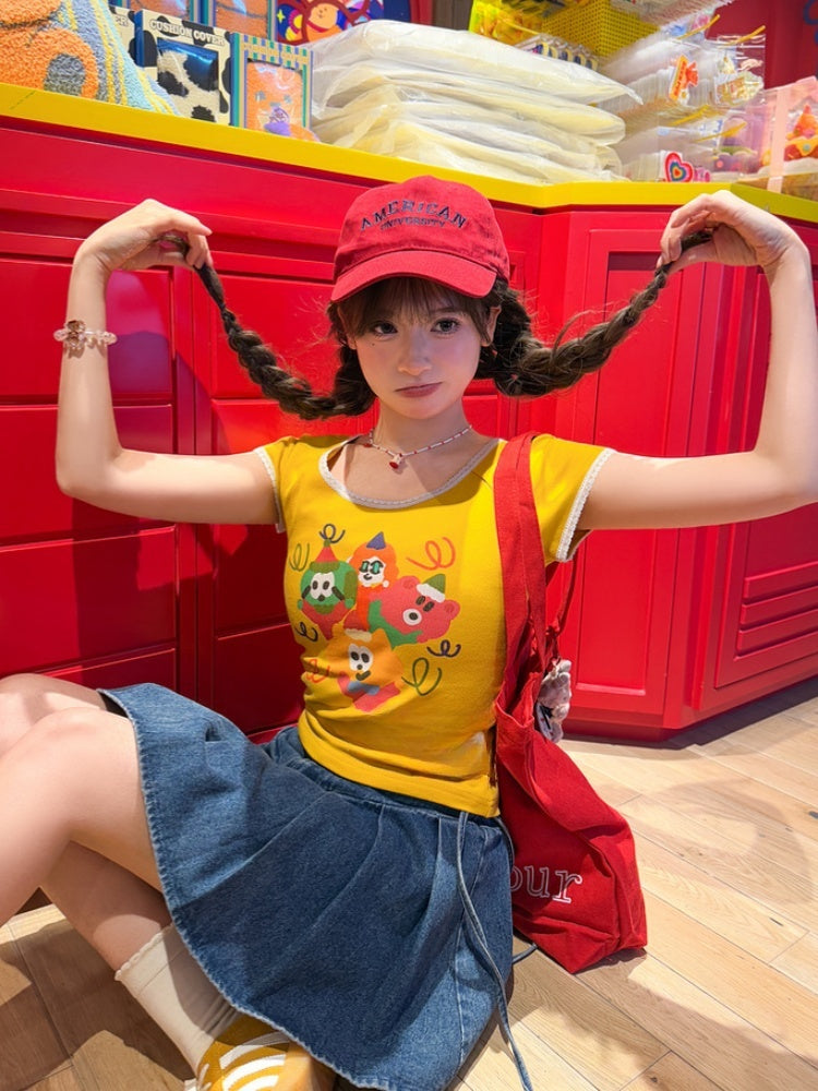 Cartoon Print T-Shirt Neck Ginger Lace Trim Round