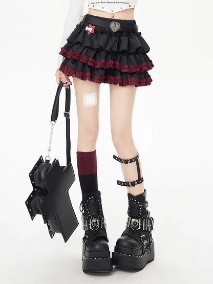 Belt Black Tiered Waist Skirt Punk Free with Ruffle Hem