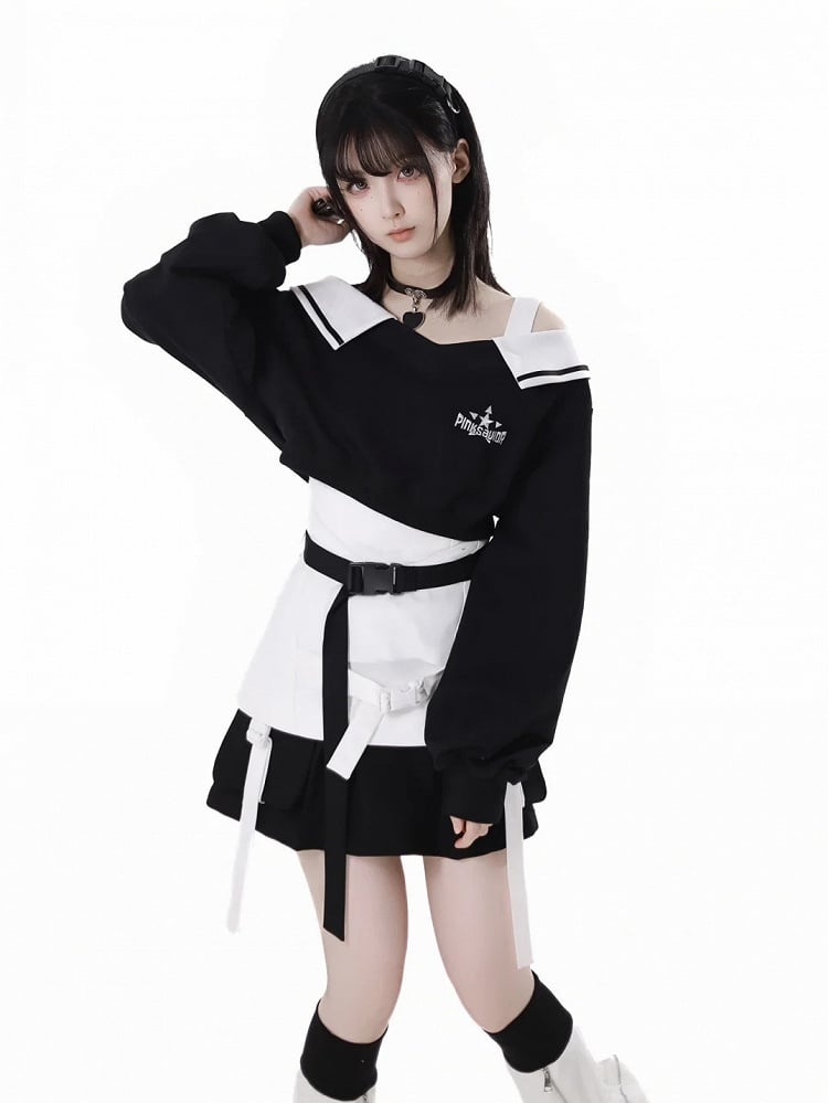 Punk Techwear Black V-Neck Futuristic Cropped Sweatshirt Wasteland
