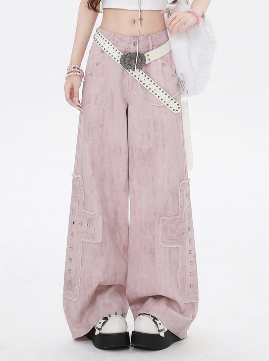 Studded Cross Appliques Wide-Leg Jeans Waist Light Pink Low