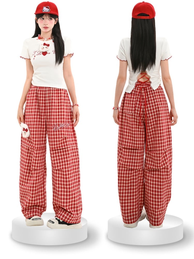 Pants with Kitty Plushie Red Plaid Elastic Waist Wide-Leg Casual