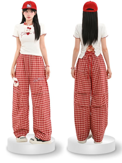 Pants with Kitty Plushie Red Plaid Elastic Waist Wide-Leg Casual