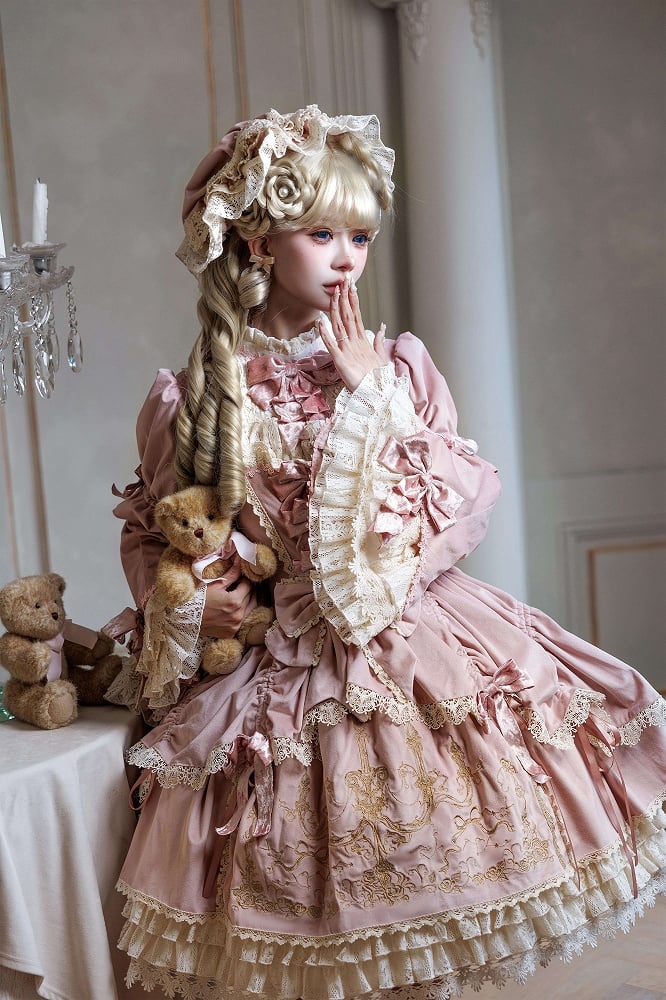 and Embroidery Candlestick Candle Bell Dress Pink Sleeves Velvet
